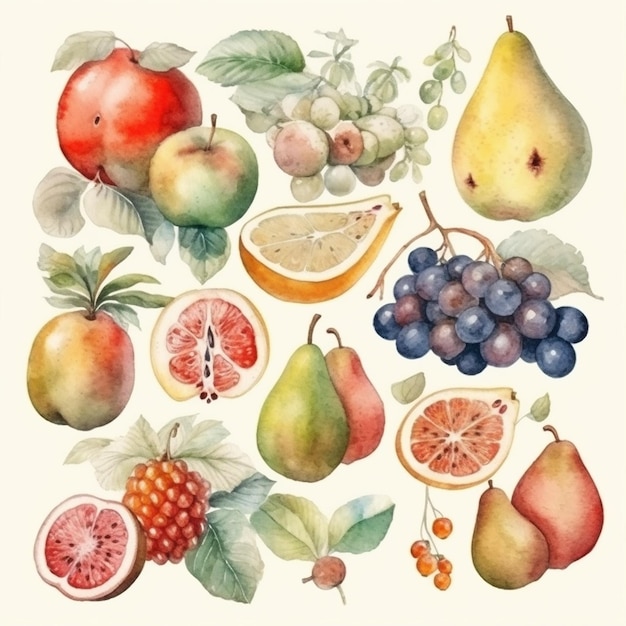 Watercolor fruits on a white background