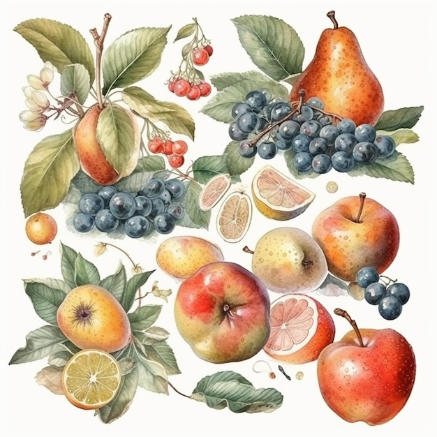 Watercolor fruits on a white background