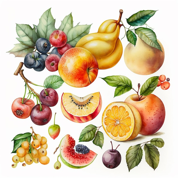 Watercolor fruits on a white background