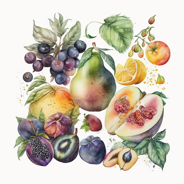 Watercolor fruits on a white background