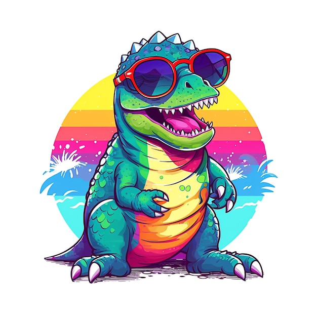 Watercolor funny baby dinosaur wearing sunglasses