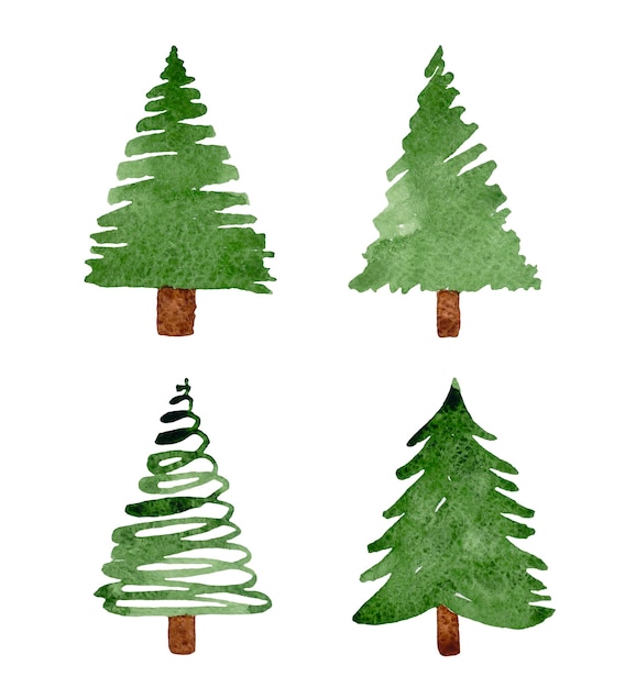 Photo watercolor funny christmas trees isolated on white background.