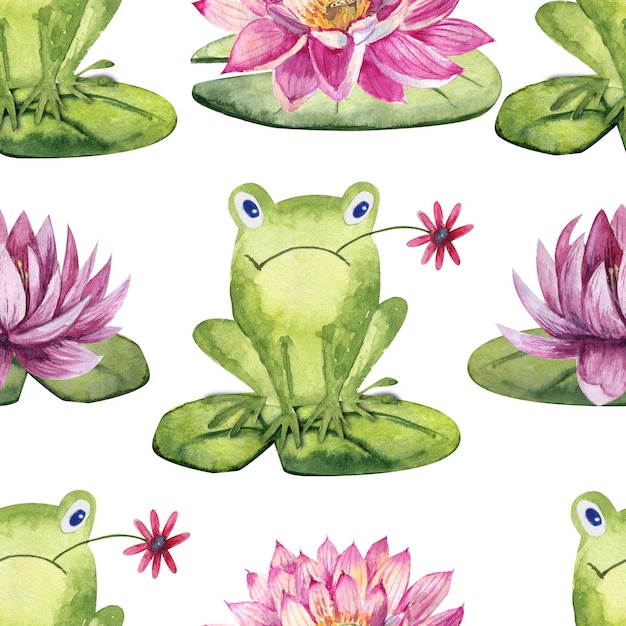 Watercolor funny frogs seamless patterns