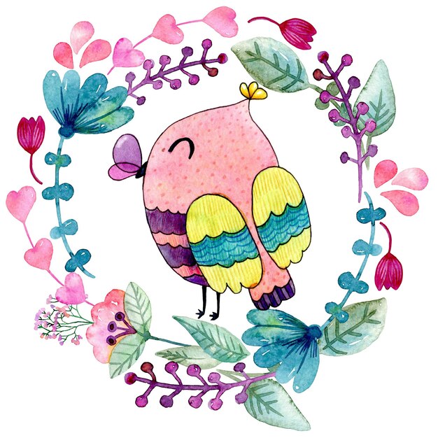 Watercolor funny illustration with owl and flowers