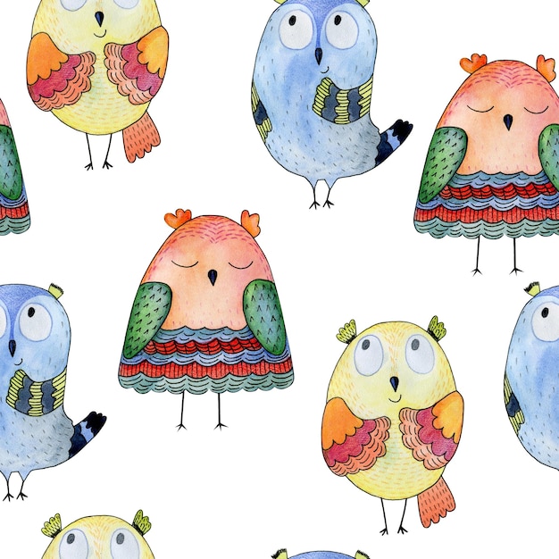 Photo watercolor funny illustration with owl hand drawn bird drawing seamless pattern