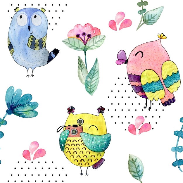 Watercolor funny illustration with owls Hand drawn bird drawing Seamless pattern