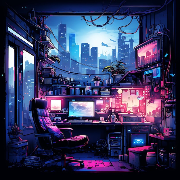 Watercolor of Futuristic Cyberpunk Haven a Room With a Cyber On White Background With Cozy Place