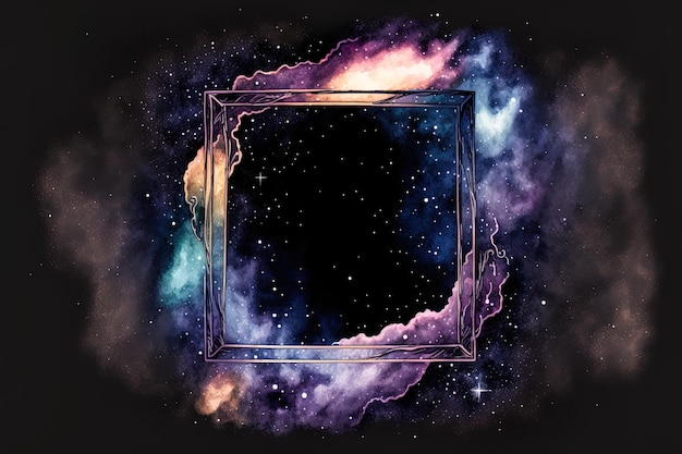 Watercolor galaxy doodle frame on a dark backdrop