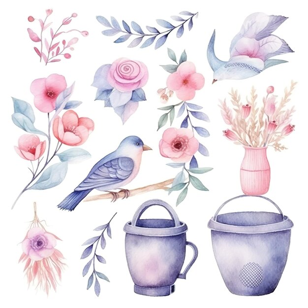 Watercolor garden cute illustrations clip art set