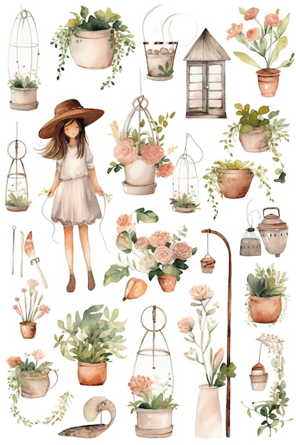 Foto acquerello giardino carine illustrazioni clip art set