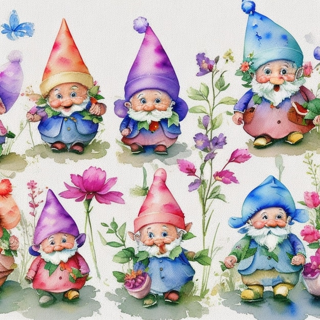 Photo watercolor garden gnomes painting children books