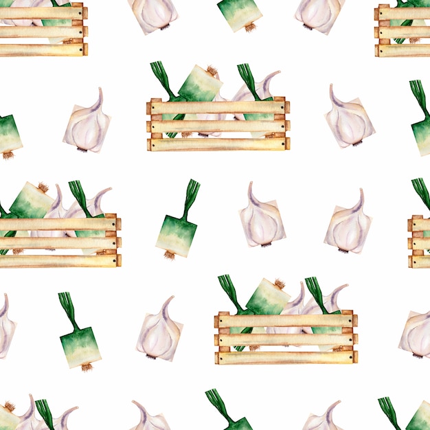 Watercolor garden  organic vegetables seamless pattern and wooden box. 