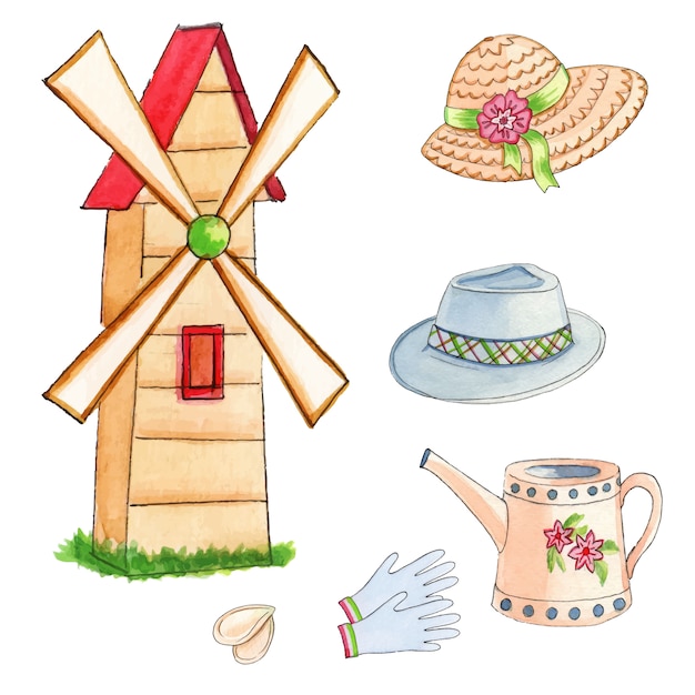 Watercolor garden set with gardening hats