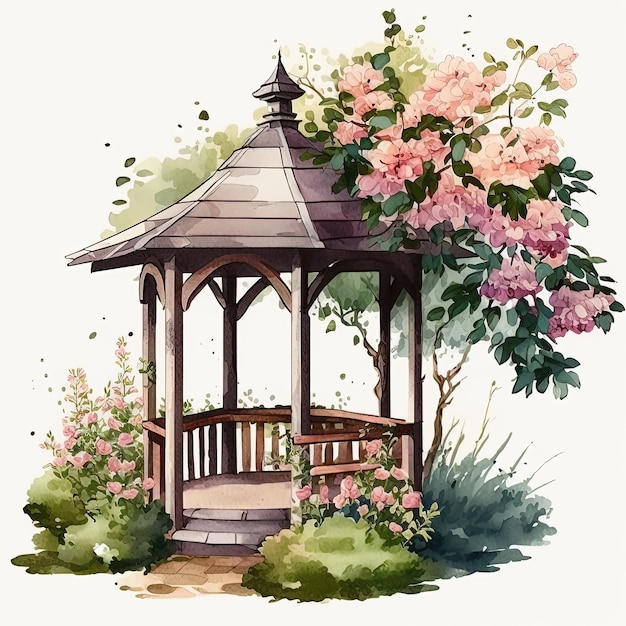 Watercolor garden shelter and flowers illustration on white background Ai generated