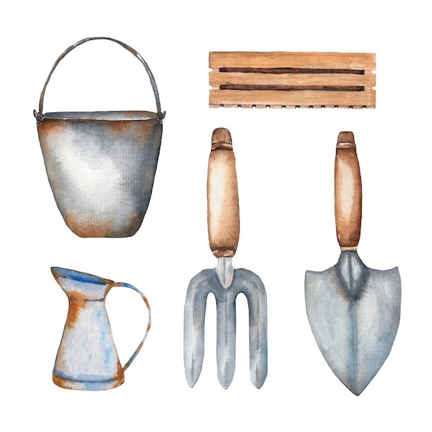 Watercolor garden tools set