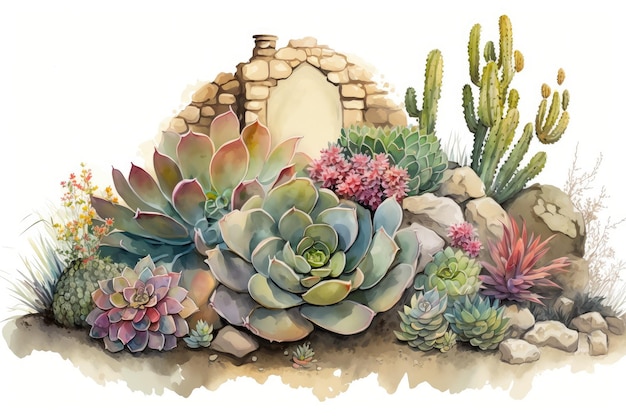 Watercolor garden with succulent plants and blooming flowers