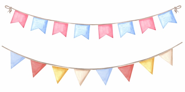 Photo watercolor garlands of pennants and flags template of festive illustration for birthday and kids