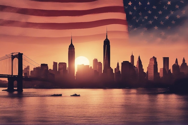 水彩で生成された AI ツインタワーとアメリカの国旗を持つニューヨークのスカイラインのシルエット
