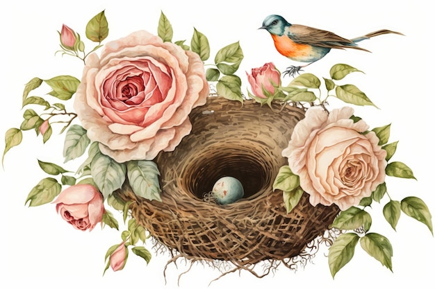 Photo watercolor generative ai of a bird in a nest with flowers and birds