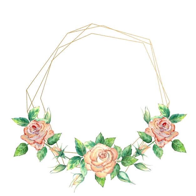 Акварельная геометрическая рамка, украшенная цветами персиковой розы