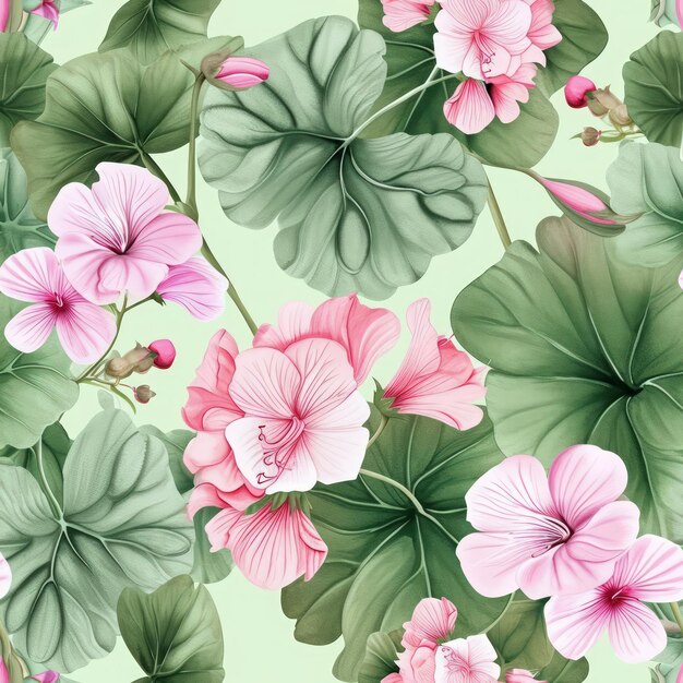 Watercolor geranium flowers with leaves seamless pattern