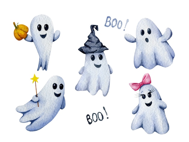 Watercolor ghost clip art set isolated on white. Hand drawn Halloween illustrations. Cute spirit clipart collection.
