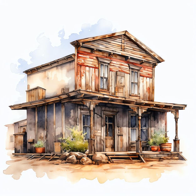 Watercolor ghost town building western wild west cowboy desert illustration clipart