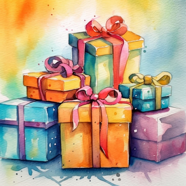 watercolor gift box with ribbon