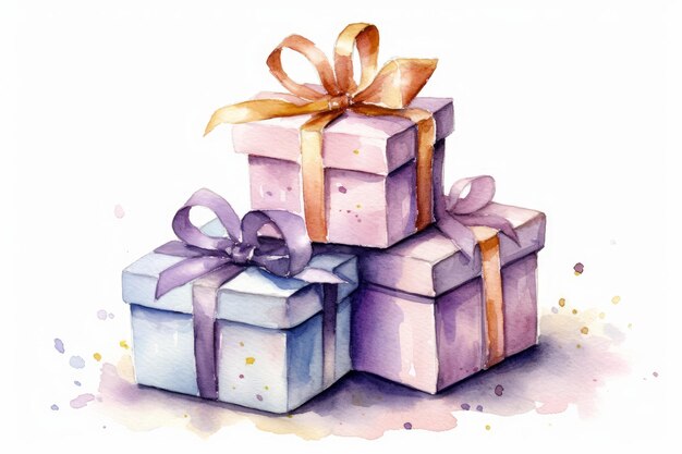 Watercolor gift boxes wrapped in paper on white background AI generated