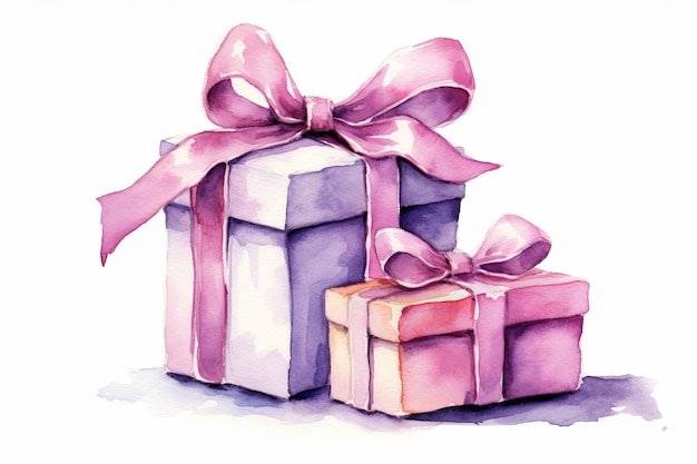 Watercolor gift boxes wrapped in paper on white background AI generated