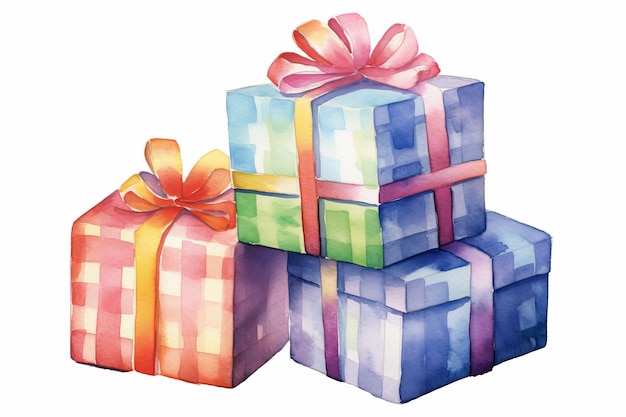 Watercolor gift boxes wrapped in paper on white background AI generated