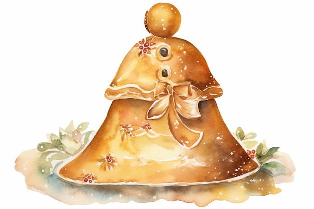 Watercolor Gingerbread Bell Cookie single cartoon style on white background AI generated