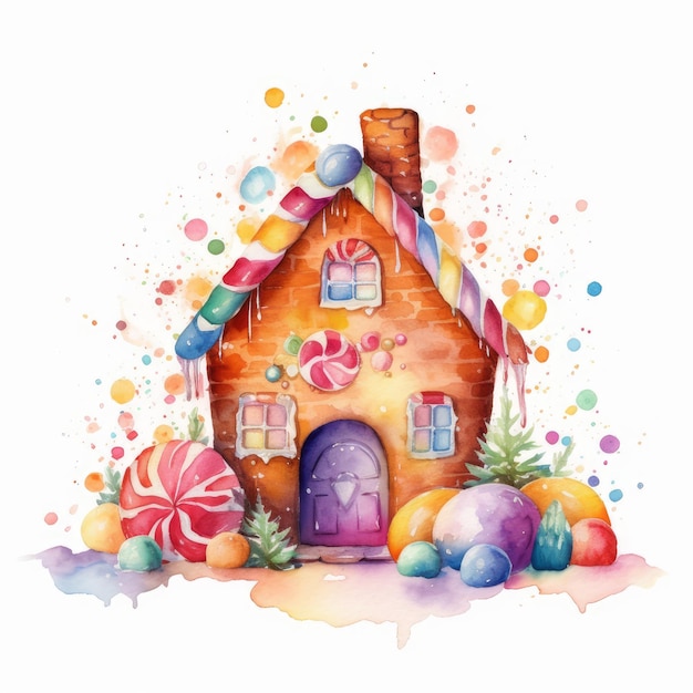 Watercolor gingerbread house with colorful candy on white background AI generated