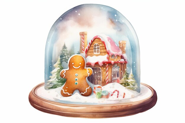 Watercolor Gingerbread Snow Globe Cookie single cartoon style on white AI generated