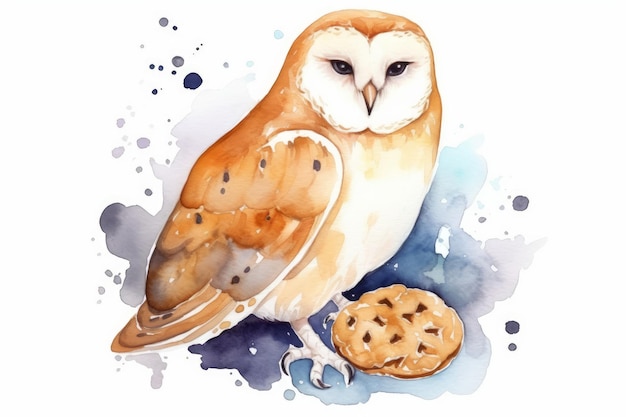 Watercolor Gingerbread Snowy Owl Cookie single cartoon style on white background AI generated
