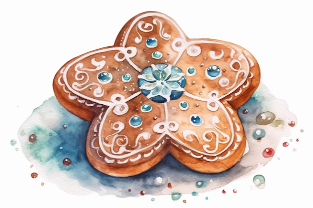 Watercolor Gingerbread Star Cookie single cartoon style on white background AI generated