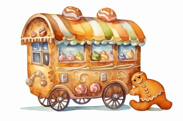 Watercolor Gingerbread Wagon Cookie single cartoon style on white background AI generated