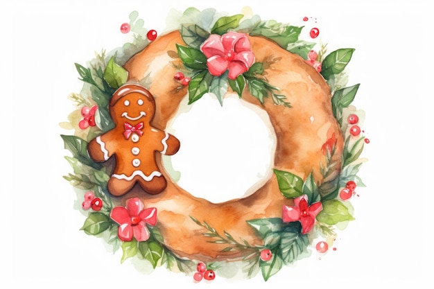 Watercolor Gingerbread Wreath Cookie single cartoon style on white background AI generated