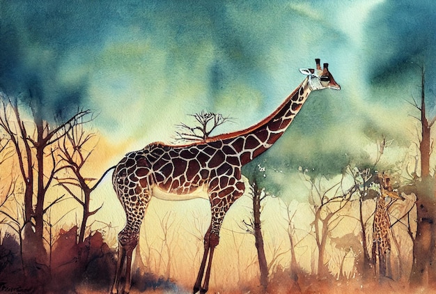 Watercolor of a giraffe animal hand draw watercolor