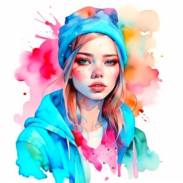 Watercolor girl graphic illustration in brigt color with blots