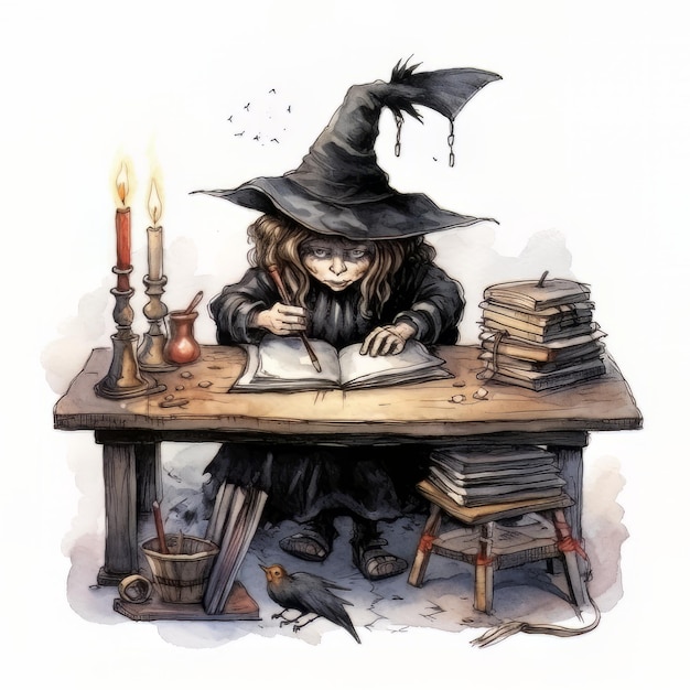 watercolor girl witch character with spell books illustration