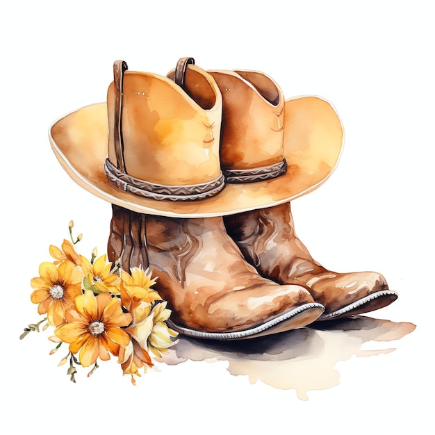 watercolor girly cowboy hat and boots western wild west cowboy desert illustration