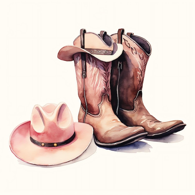 watercolor girly cowboy hat and boots western wild west cowboy desert illustration