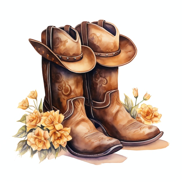 watercolor girly cowboy hat and boots western wild west cowboy desert illustration