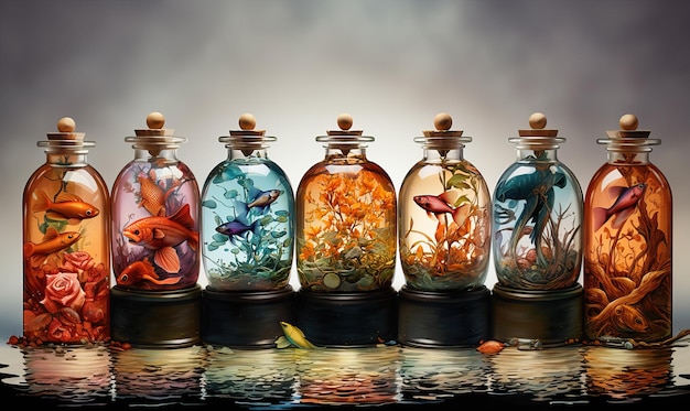 Watercolor, glass bottles with fish, on a gray background. Selective soft focus.