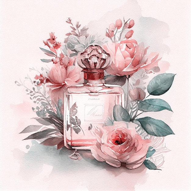 Watercolor glass perfume bottle with a flowers. Fashion style beauty advertising