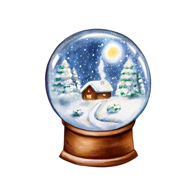 Photo watercolor glass snowball globe on wooden stand christmas illustration of winter village with fallin