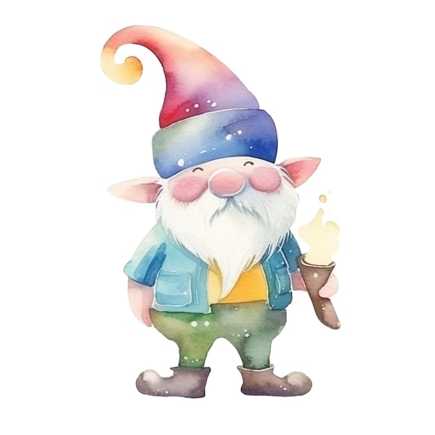 A watercolor gnome with a light bulb in his hand.