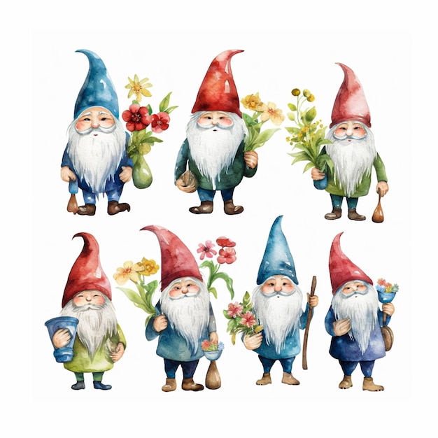 a watercolor Gnomes set with flowers for Independence Day