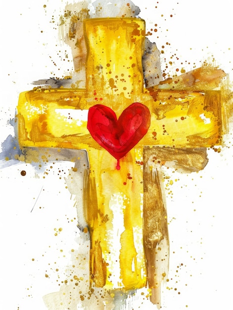 Watercolor Gold Cross with Red Heart for Christian Celebrations Generative AI